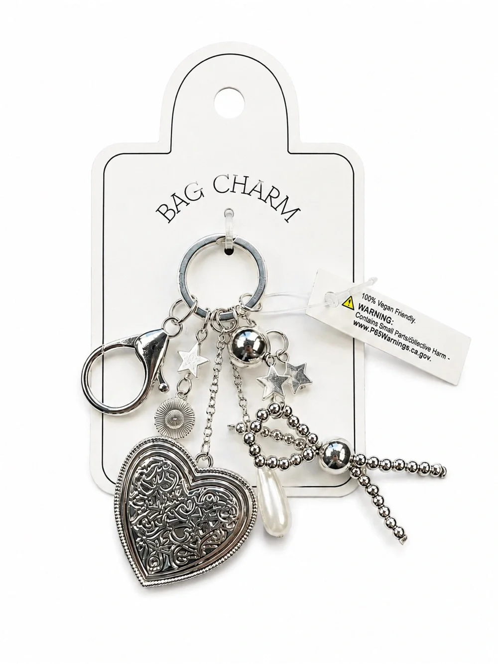 Silver Heart Bag Charm Purse Keychain Star Pearl Beaded New